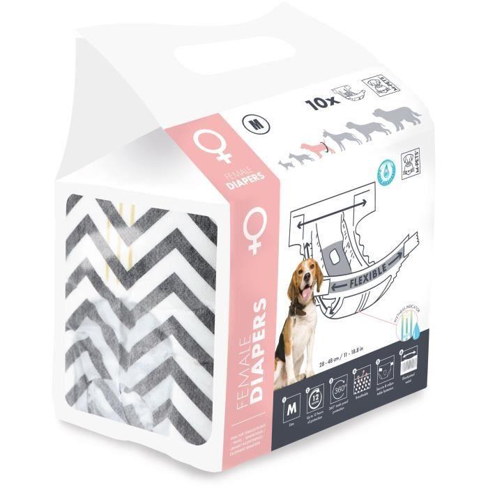 Couches Pour Chien - M PETS - DIAPERS - Femelle M X10 - Tour De Taille 30-42,5 Cm - 4-10 Kg - Indicateur D’humidité - 12h Protection