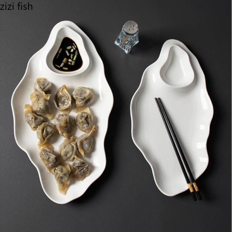 White Ceramic Dinner Plate Dumpling Plates with Sauce Grid Boiled Shrimp Plate Sushi Plates Dim Sum Dish Snack Bowls Fruit Trays