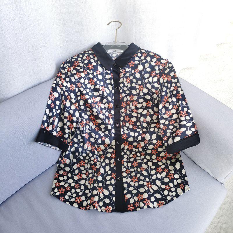 Sennu New Silk Tops Women's Mulberry Silk Shirt Half Sleeve Turn-down Collar Coat Elegant Slim Looking Leaf Shirt