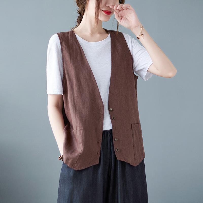 2025 Summer Women's Solid Color Sleeveless Cotton Linen V-Neck Vest