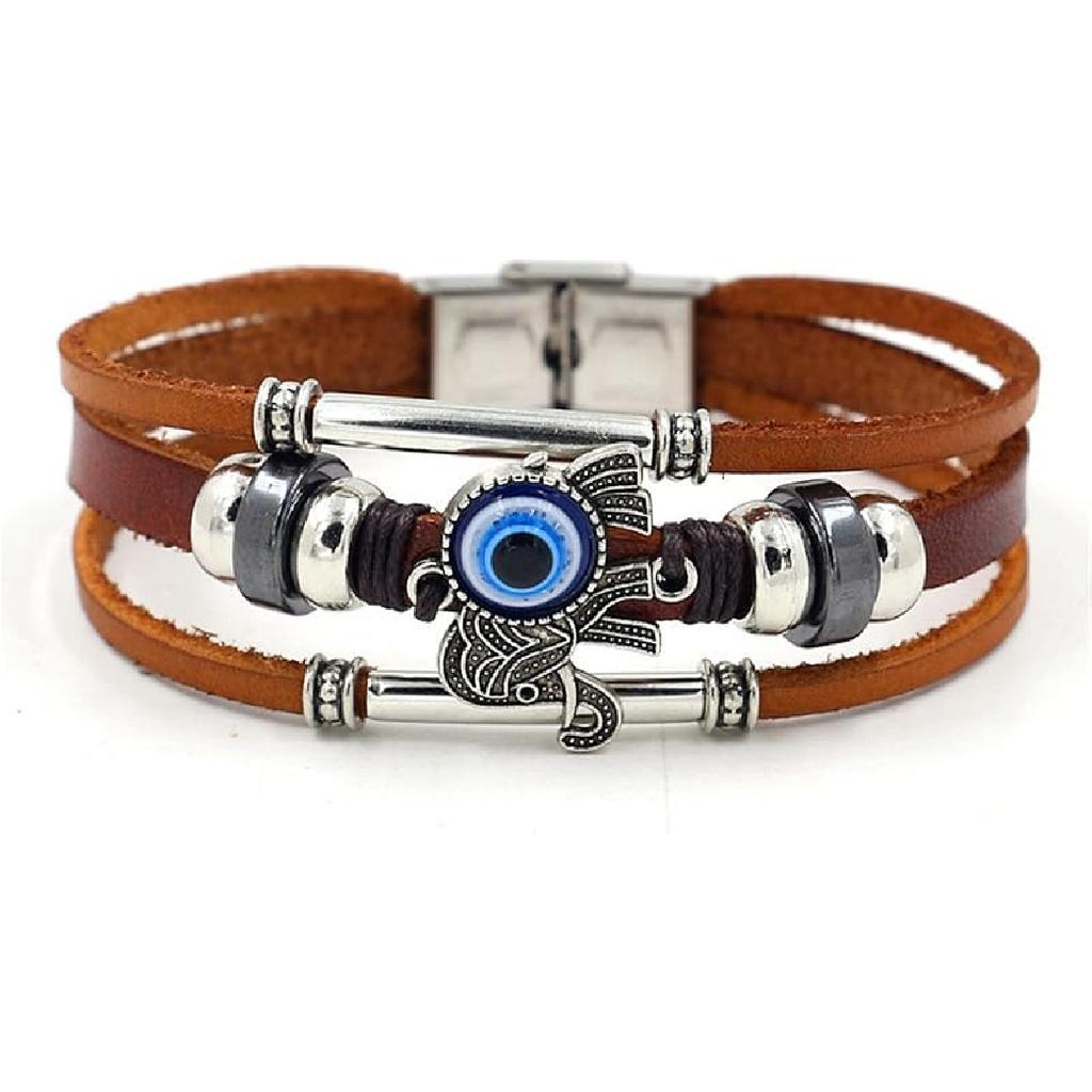 Caiyao Punk Ethnic Layered Leather Evil Eye Bead Cuff Bracelet Adjustable Braided Woven Hamsa Hand Wrap Elephant Owl Animal Wristband for Women Men