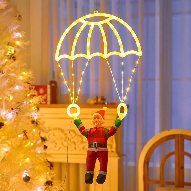 LED Christmas Parachute Light with Santa Claus Hanging Xmas Lamp for Outdoor Roof Balcony Porch Fence Tree Home Holiday Party Decor Ornaments