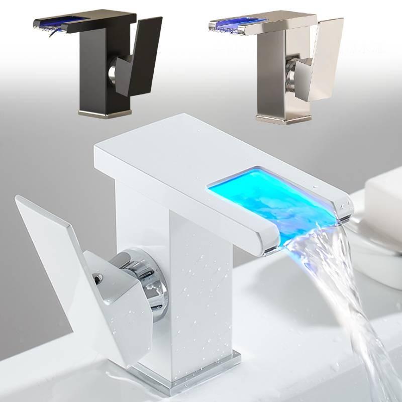 Led Bathroom Rgb Sink Mixer Tap Temperature Sense Waterfall Faucet Change Color
