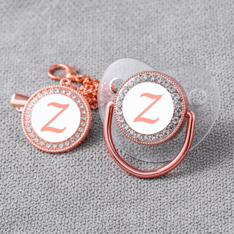 Transparent Rose Gold Letter Baby Pacifier with Diamond Design and Chain Clip