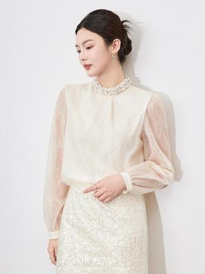Camicia da donna Nanyou in pizzo primaverile con colletto di perline e ricamo di paillettes