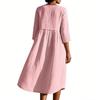 Ladies' Casual Round Neck Button Pocket Cotton Linen Mid Sleeve  Dress