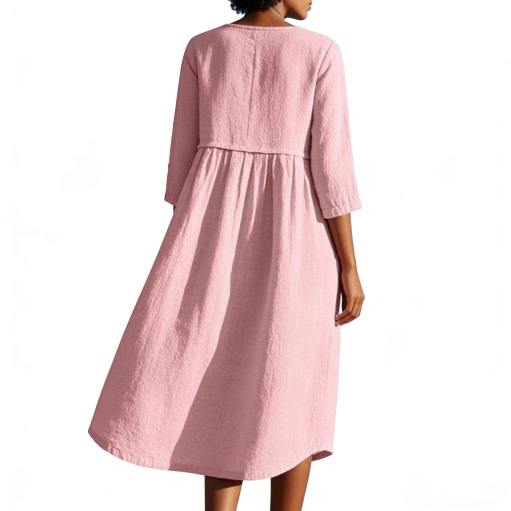 Ladies' Casual Round Neck Button Pocket Cotton Linen Mid Sleeve  Dress