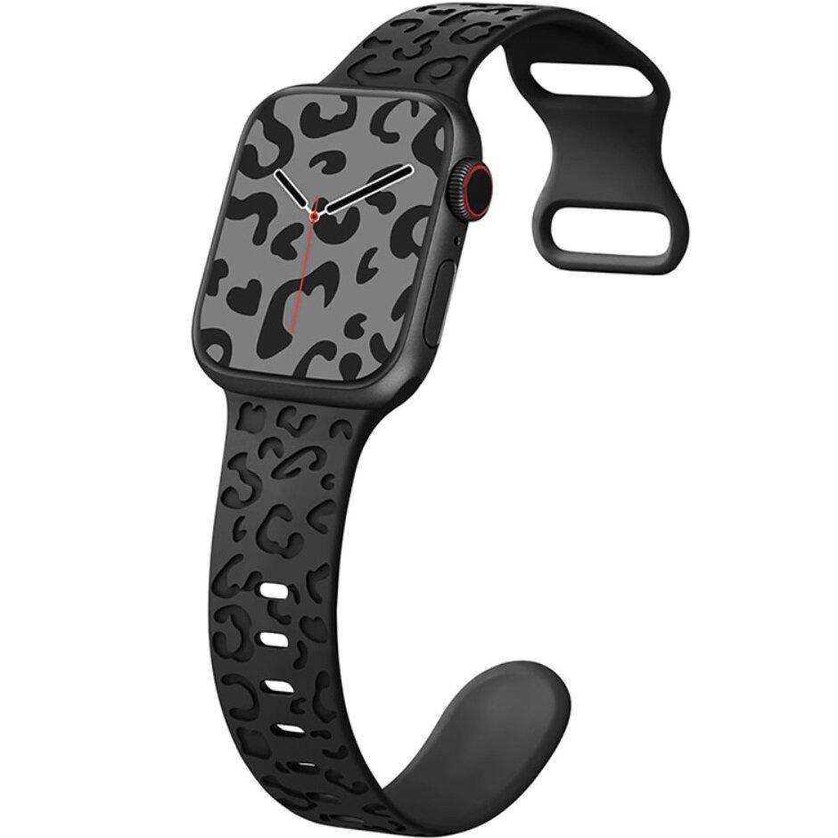 Silicone Strap for Apple Watch 1/2/3/4/5/6/7/8/9/10/11/SE Ultra 1/2/3 42/44/45/46/49mm, Leopard, Black