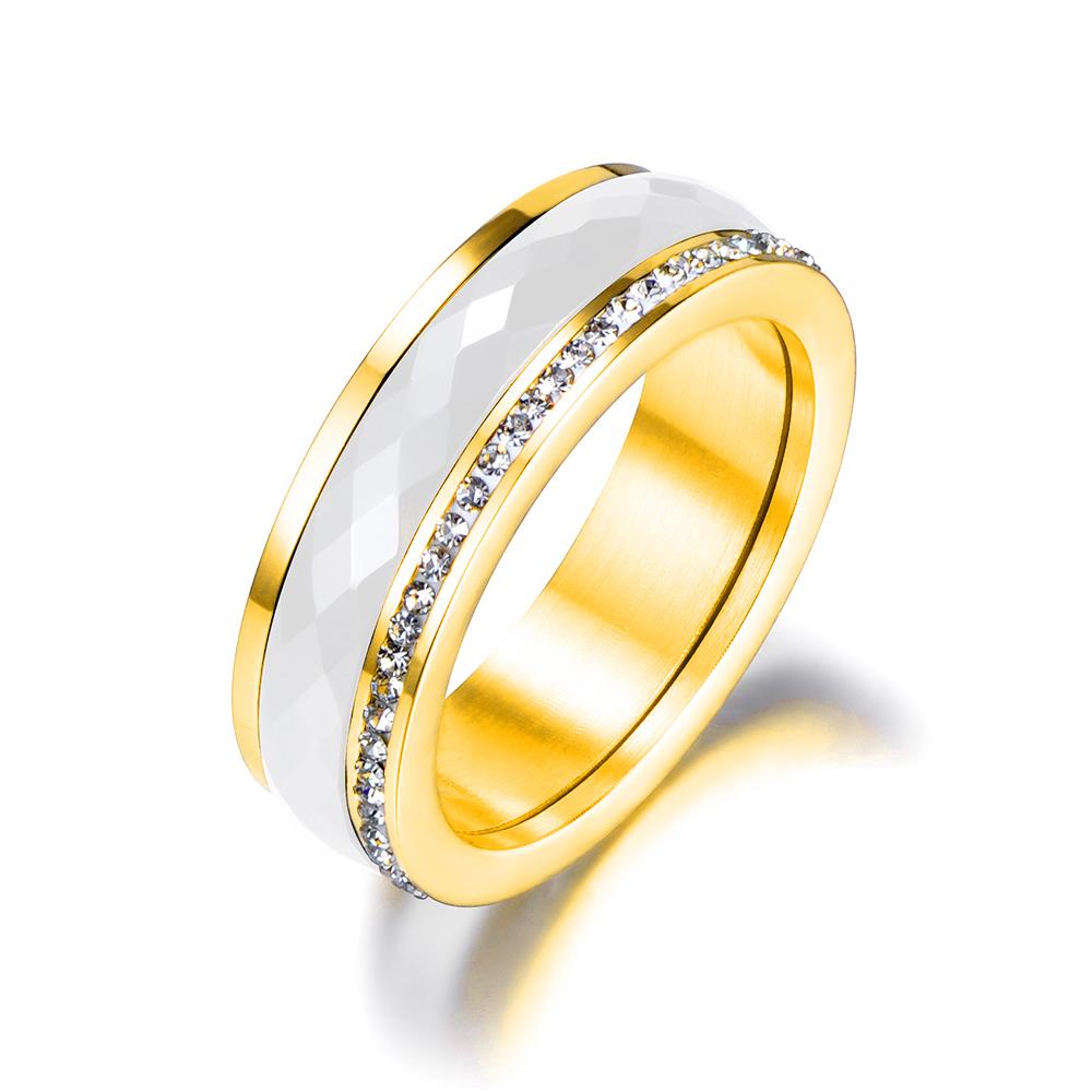 Classic Titanium Stainless Steel White/Black Ceramics Ring Jewelry CZ Crystal Wedding Engagement Rings For Women
