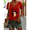 Women's Summer V-Neck Short Sleeve T-Shirt, Frida Kahlo with Red Roses Print, Artistic Feminist Casual Fashion Top