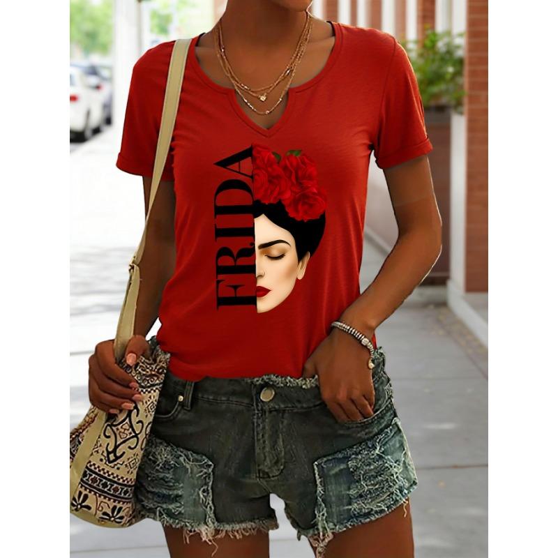 Women's Summer V-Neck Short Sleeve T-Shirt, Frida Kahlo with Red Roses Print, Artistic Feminist Casual Fashion Top