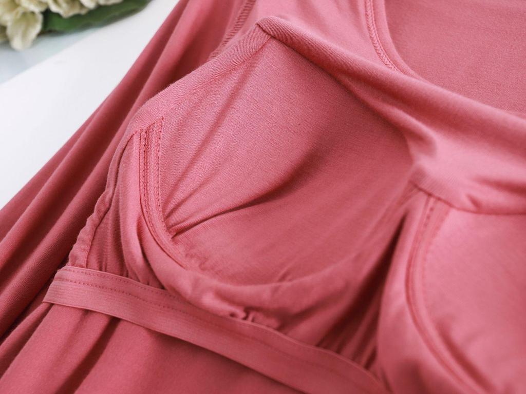 Modal Cup Integrated Long-Sleeve Women's Korean-Style Loose Pajama Top with Chest Pad