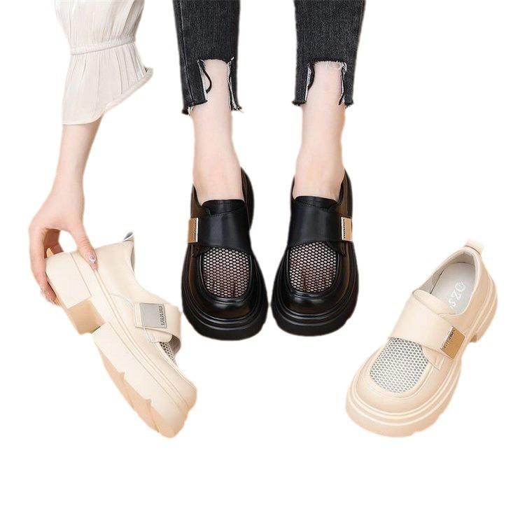 Breathable mesh work Breathable loafers women's 2025 summer new Velcro single shoes platform mesh small leather shoes