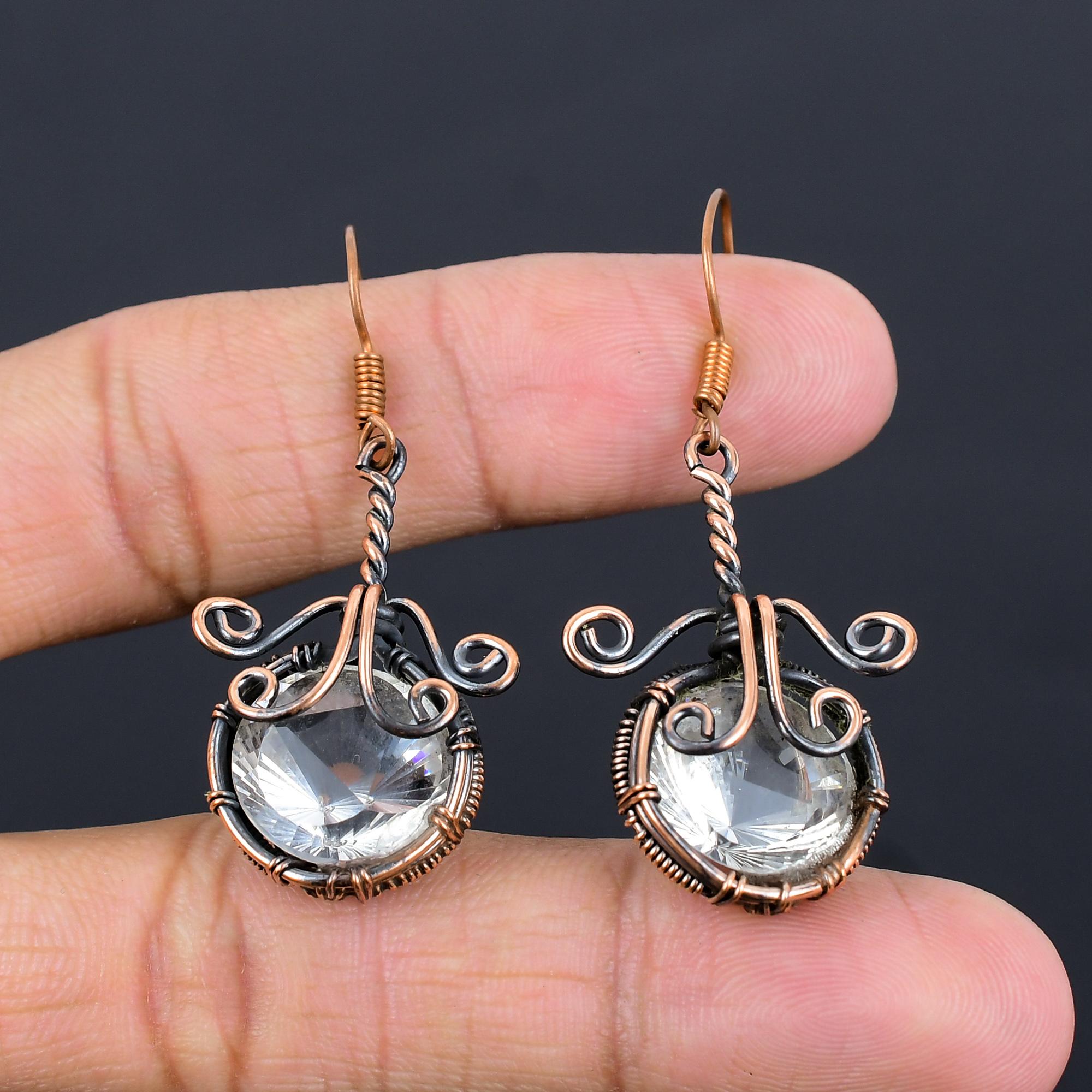 

Серьги с белым топазом, обернутые медной проволокой 999 пробы, серьги с драгоценными камнями ручной работы ко Дню памяти 2.55 Inches