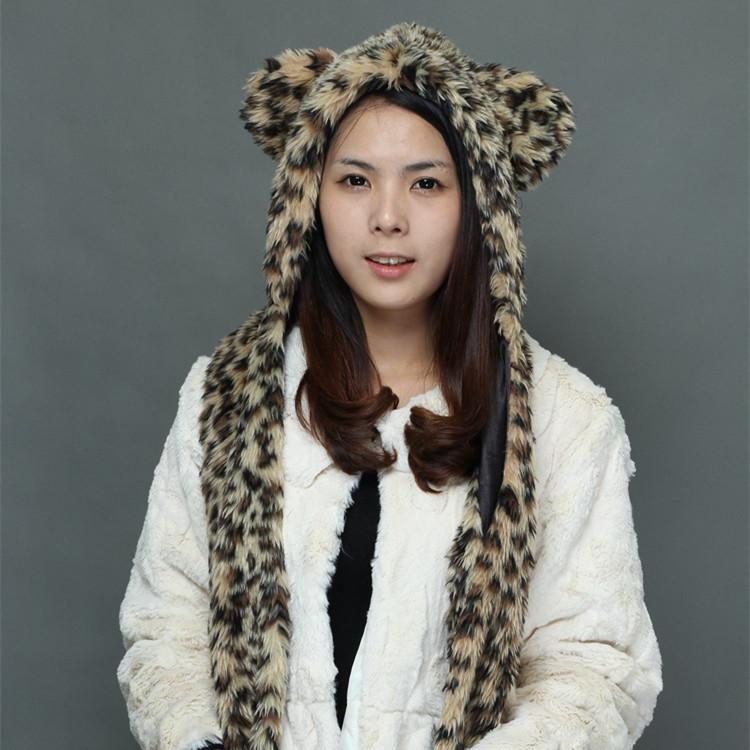 Favorable Price Faux Fur White Wolf Cat Ear Hooded Scarf Hat Plush Animal Ear Hat with Scarf for Cosplay Halloween