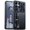 With Card Holder Sliding Camera Cover And Stand For Samsung Galaxy S25 Ultra Phone Case, Anti-Fall PC+TPU Wallet Case-Black