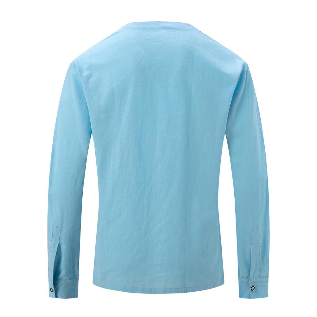 Camicie da Uomo Collo Alto 7 Bottoni Camicia Manica Lunga Tinta Unita Cotone Vintage Taglie Forti Top