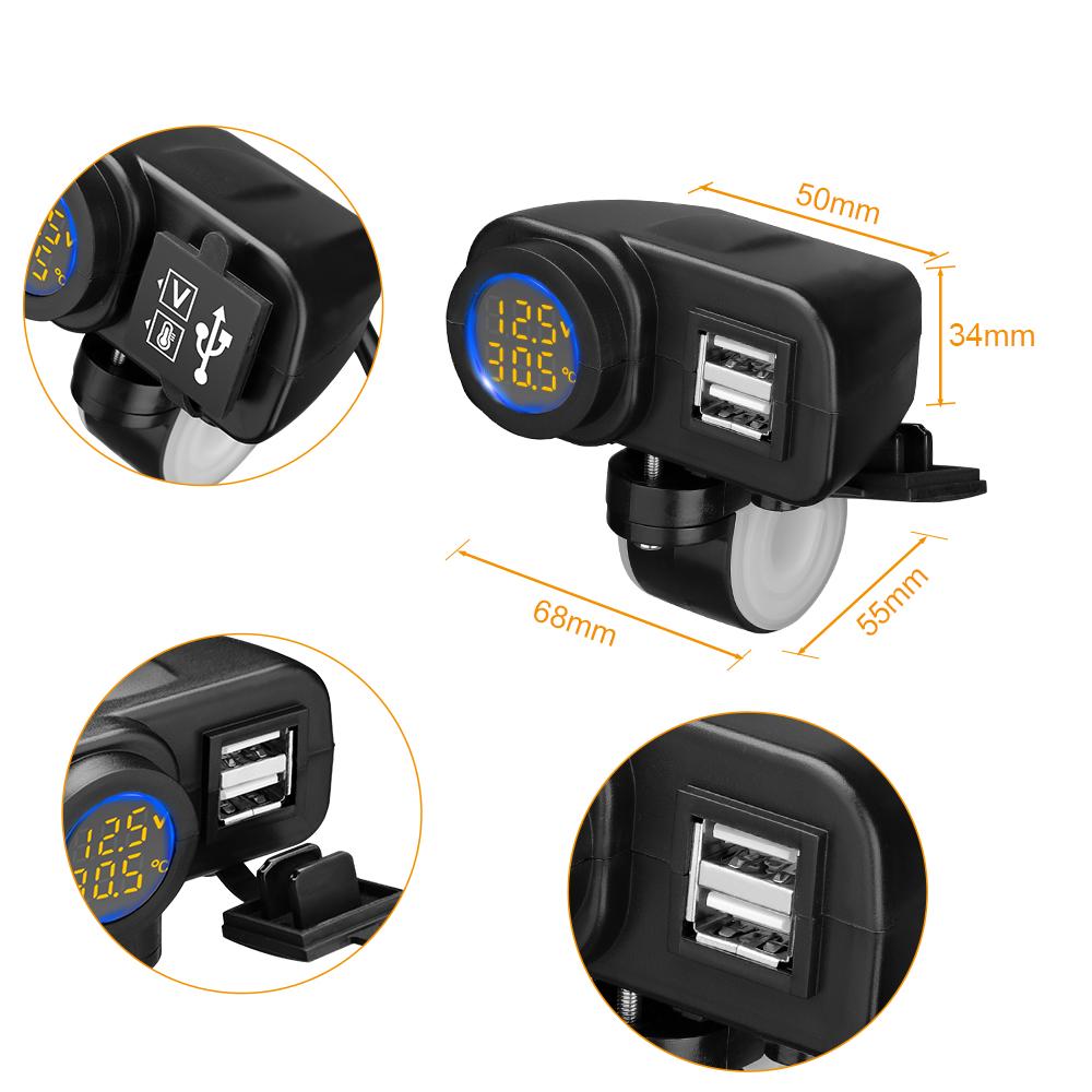 Nabíječka telefonu na motorku Digitální displej 36W QC3.0 Duální USB Rychlá nabíječka Adaptér voltmetru a teploměru pro mobilní telefon