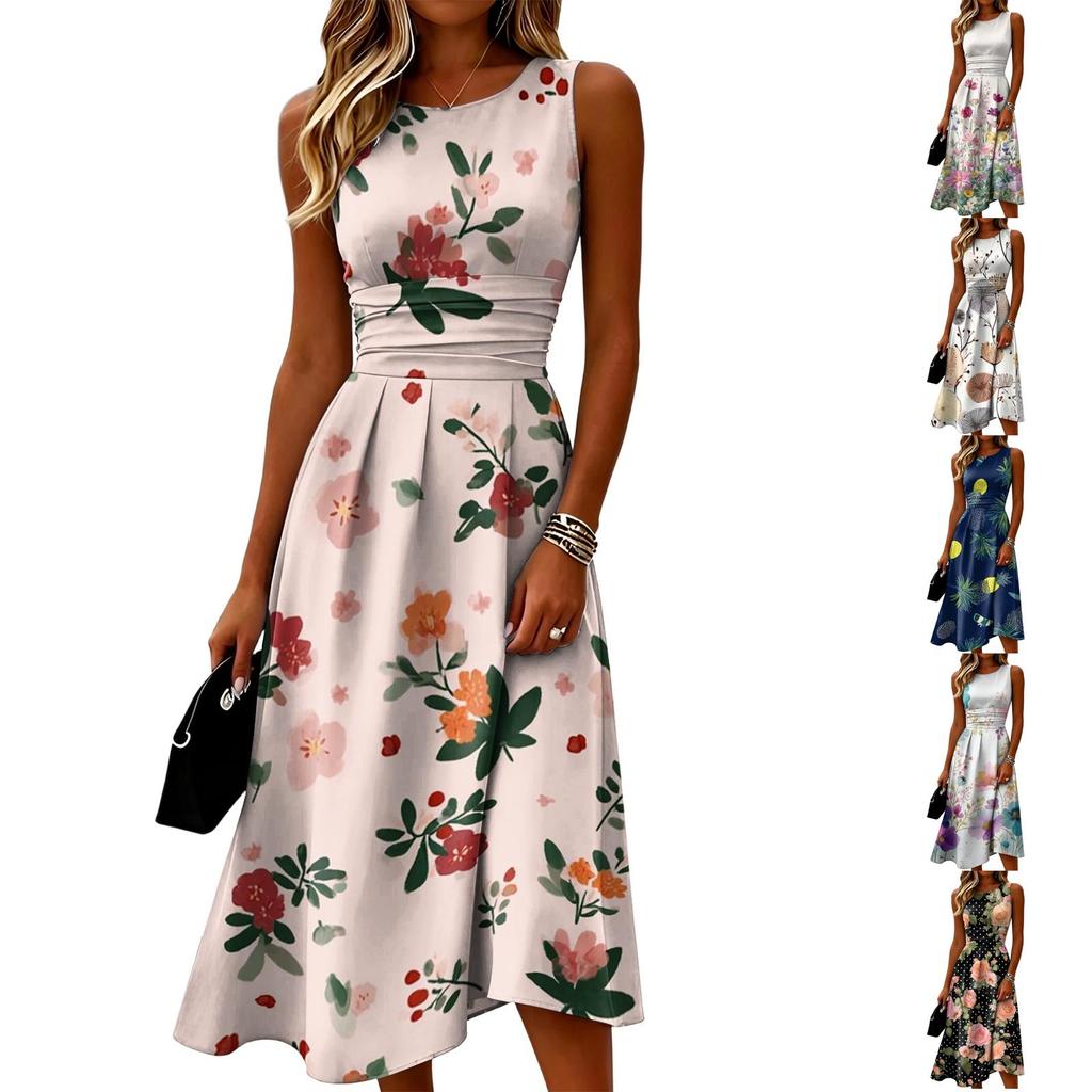 Sleeveless Casual Dress for Women Round Neck Mid-Length Floral Print Dress with Polka Dot Pattern Lightweight Summer Dress