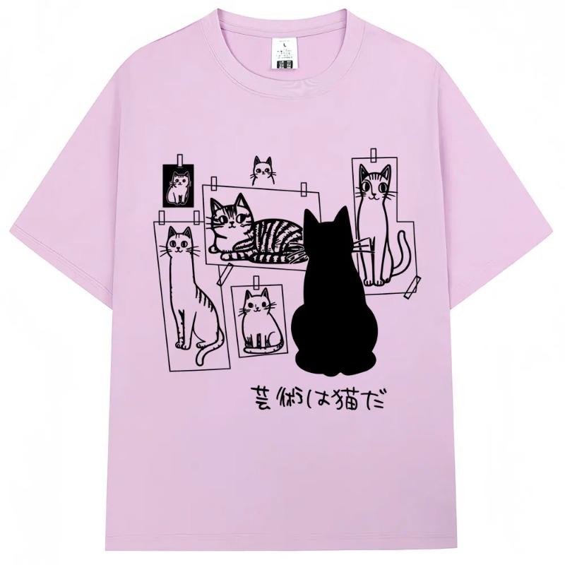 Japanese Funny Black Cat Anime Print T Shirt Men Women Fashion Vintage Harajuku T-shirts Oversized Cotton Casual T Shirts