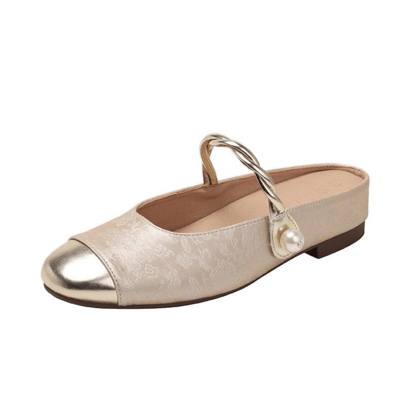 New Trendy with Round Head Low Heel with Shallow Mouth Inner Height Increase Half Tray Sandals Women