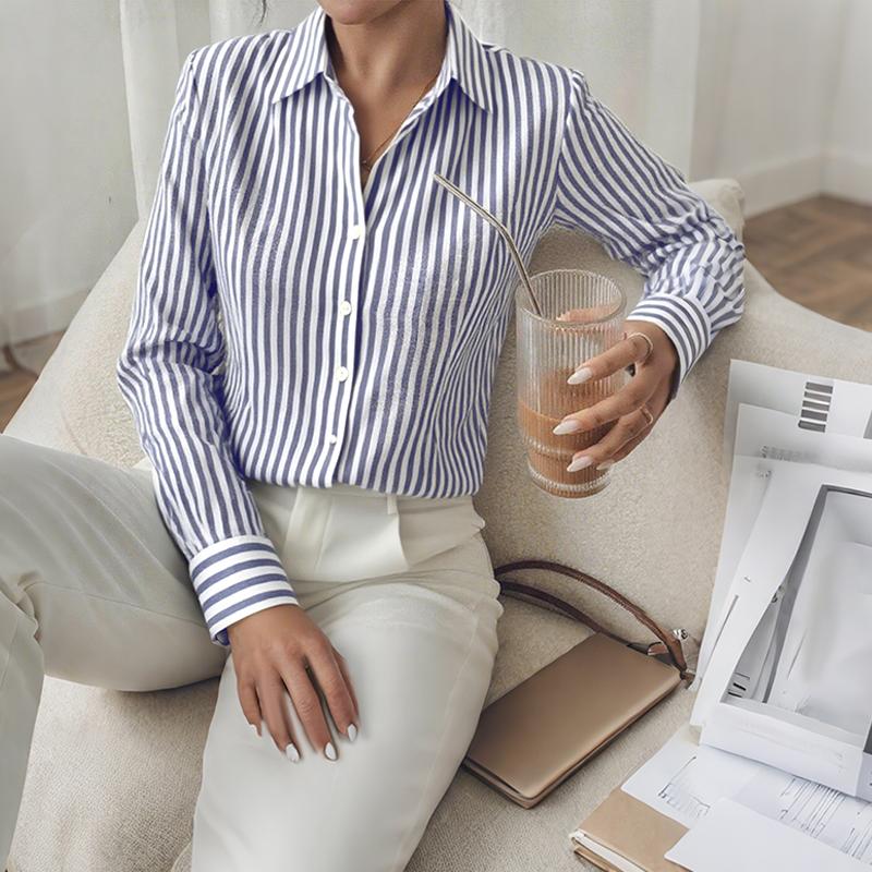 

ZANZEA Женская повседневная блузка в полоску с отложным воротником и длинным рукавом S тёмно-синий