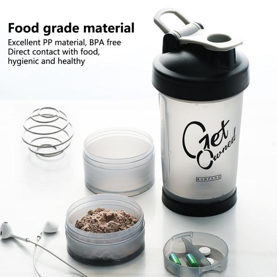 1 Set 500ml Shaker Bottle Large Capacity Leak Proof Drop-resistant Anti-slip with Handle Protein Mixer Sports Water Bottle with Pill Tray Fitness Use