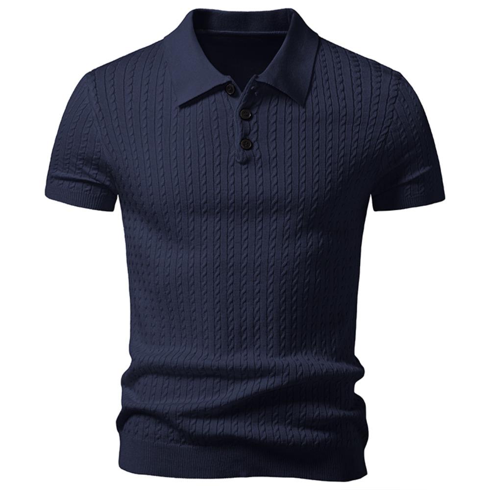 Summer/Autumn Men's V-neck Cable Knit Short Sleeve T-shirt - Business Casual Style