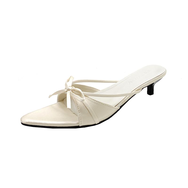 Fashion New Butterfly Knot Pointed Toe Slim-heel Flip-flops for Summer Women's Open-toe Satin Low-heel Non-slip Slippers