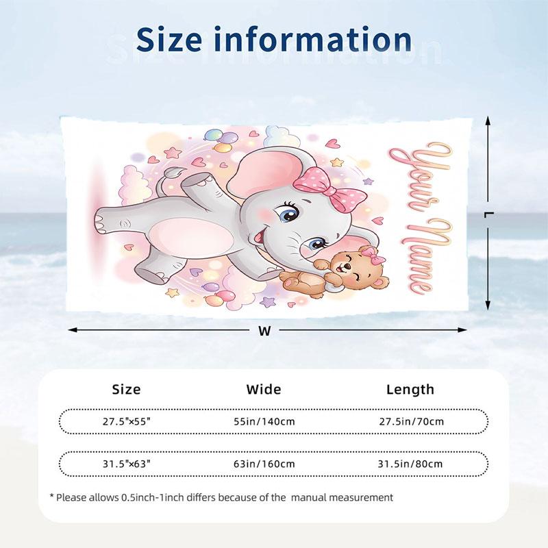 Elephant Theme Beach Towel Personalized Custom Name & Text Soft Quick Dry Beach Towel for Swimming Travel