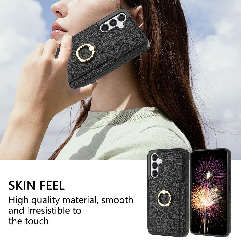 For Samsung Galaxy S23 FE Finger Ring Kickstand Phone Case PU Leather+TPU Card Holder Cover