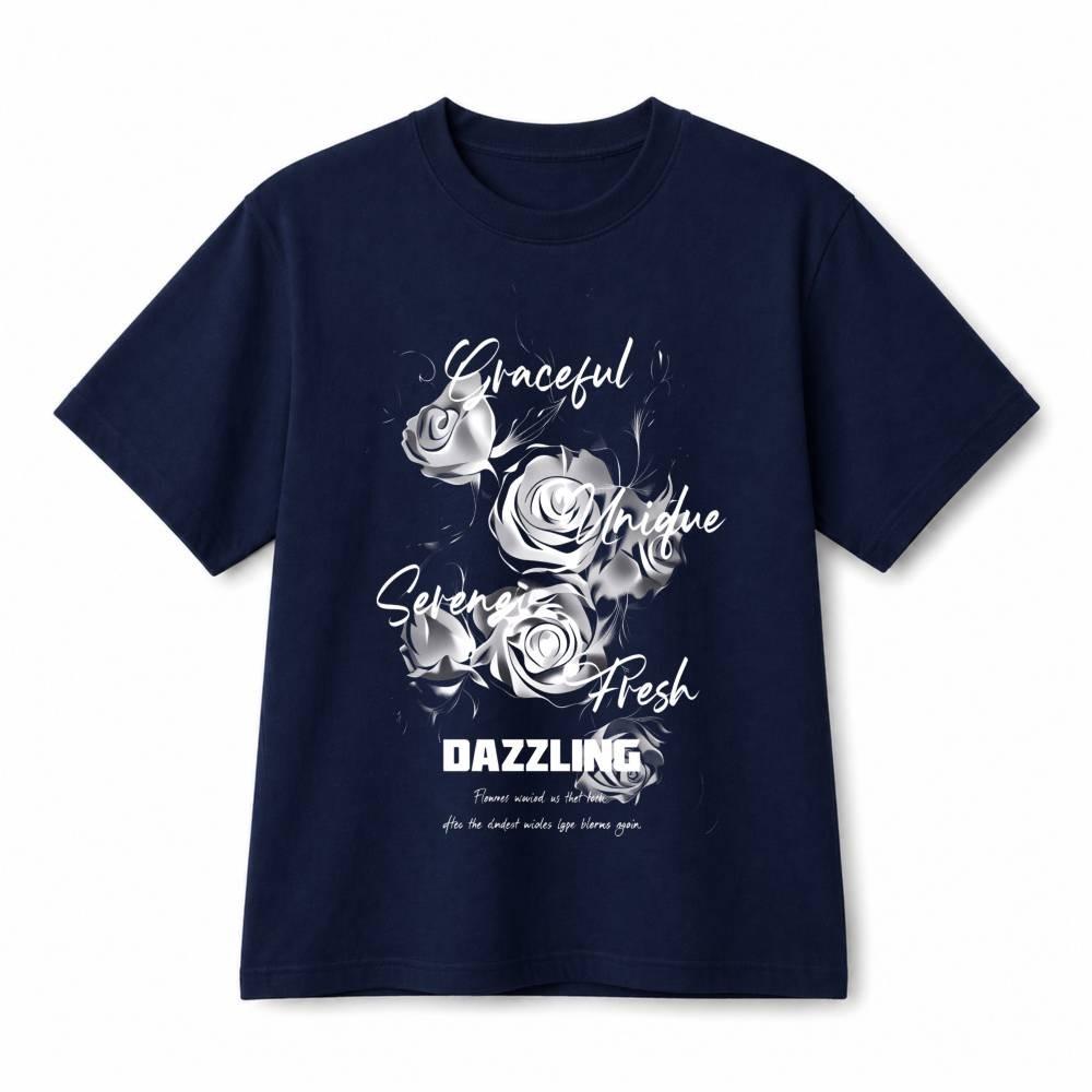 Dazzling Black White Roses Floral Casual Retro Graphic Cotton T-Shirt Unisex XXL