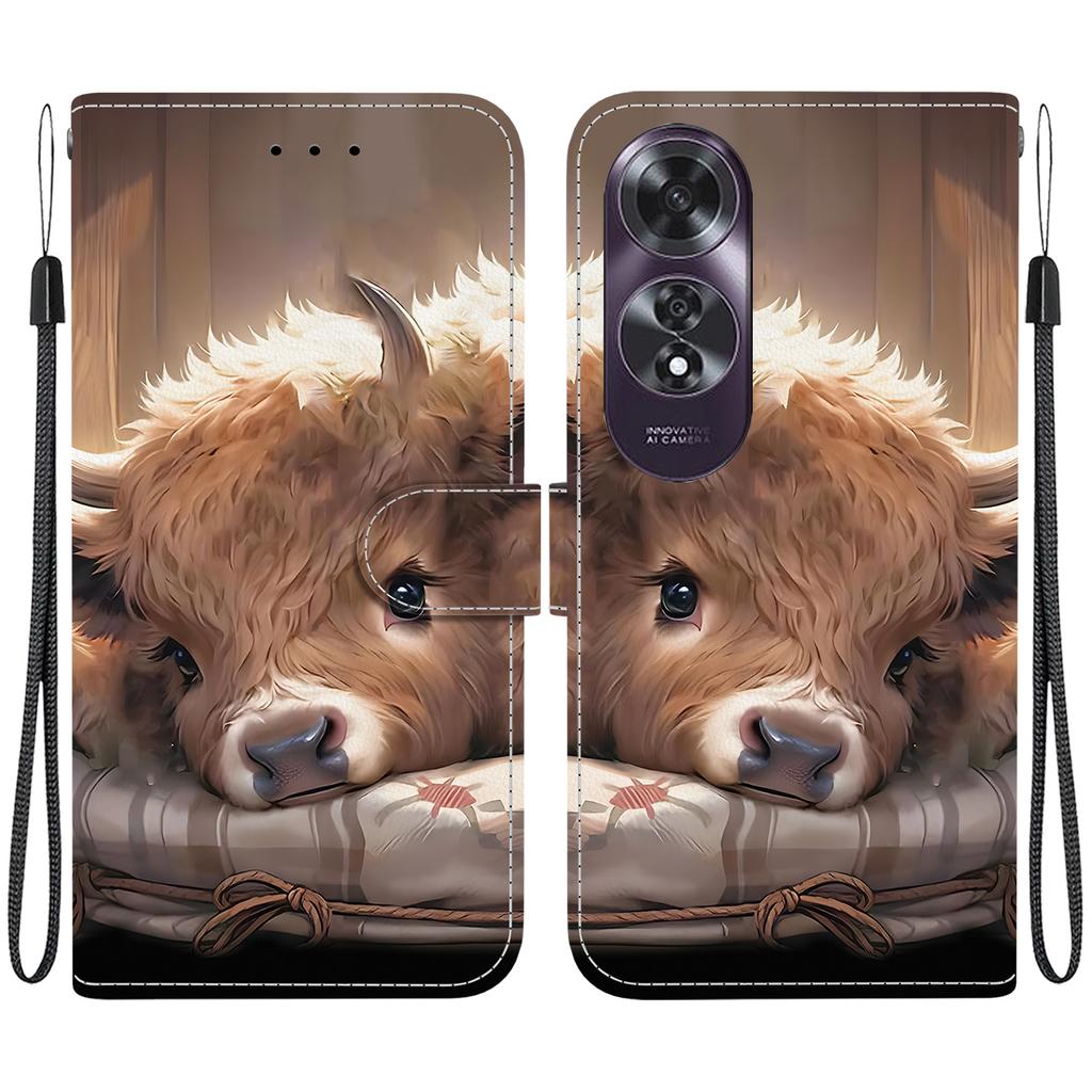 Handmade PU Leather Flip Case for Oppo A60 4G Anti-Slip Shockproof Cover with Wrist Strap & Heart/Rose Cat Designs