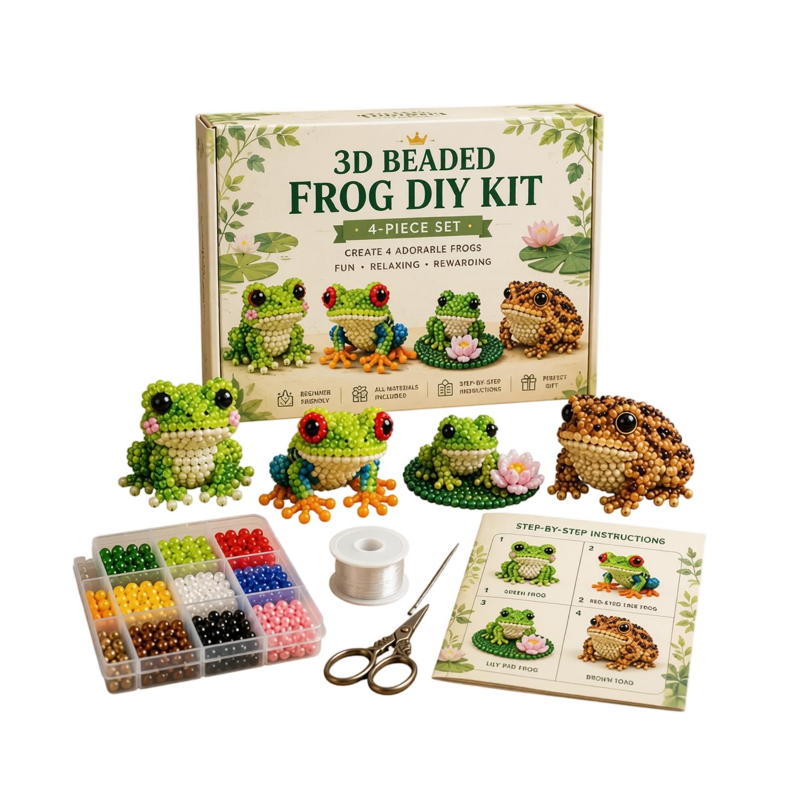 3D Perlenfrosch DIY-Set 4-teilig Enthält Perlen Faden Schere und Schritt-für-Schritt-Anleitung zum Basteln dekorativer Froschfiguren One Size beige