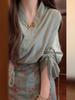 Completo estivo verde stile cinese con scollo a V e gonna aderente floreale per donna 2026