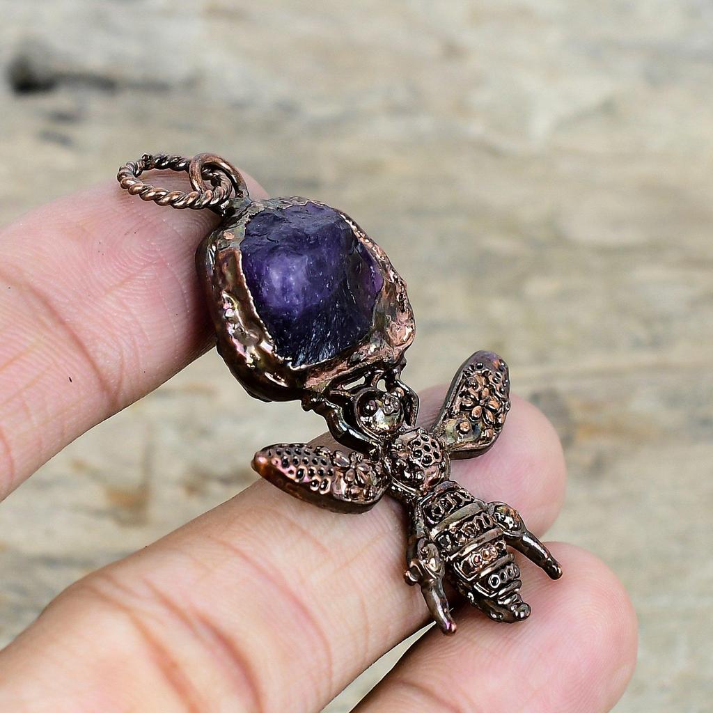 African amethyst rough pendant electroformed copper pendant handmade pendant very pretty gemstone jewelry honey bee pendant anniversary gift