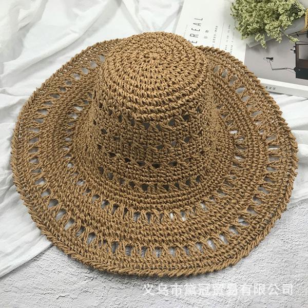 Celebrity Pastoral Wide Brim Hand Crocheted Foldable Straw Hat Travel Vacation Straw Woven Pot Hat Beach Hollow Hat Women's Summer