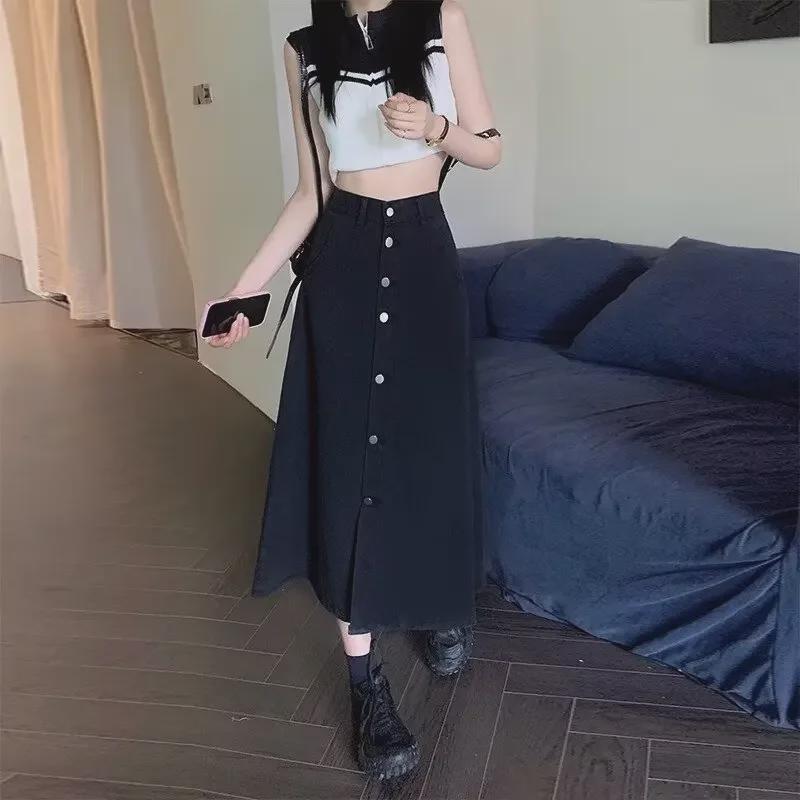 2024 Summer Black High-Waist Denim A-Line Skirt for Women - Available In Large & Small Sizes