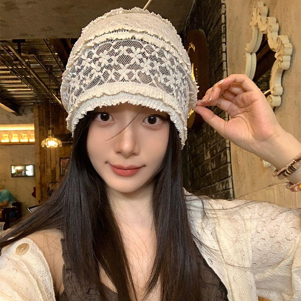Y2k Embroidered Lace Hat Hollow Out Flower Cap Fashion Beanies Hat  Apparel Accessories