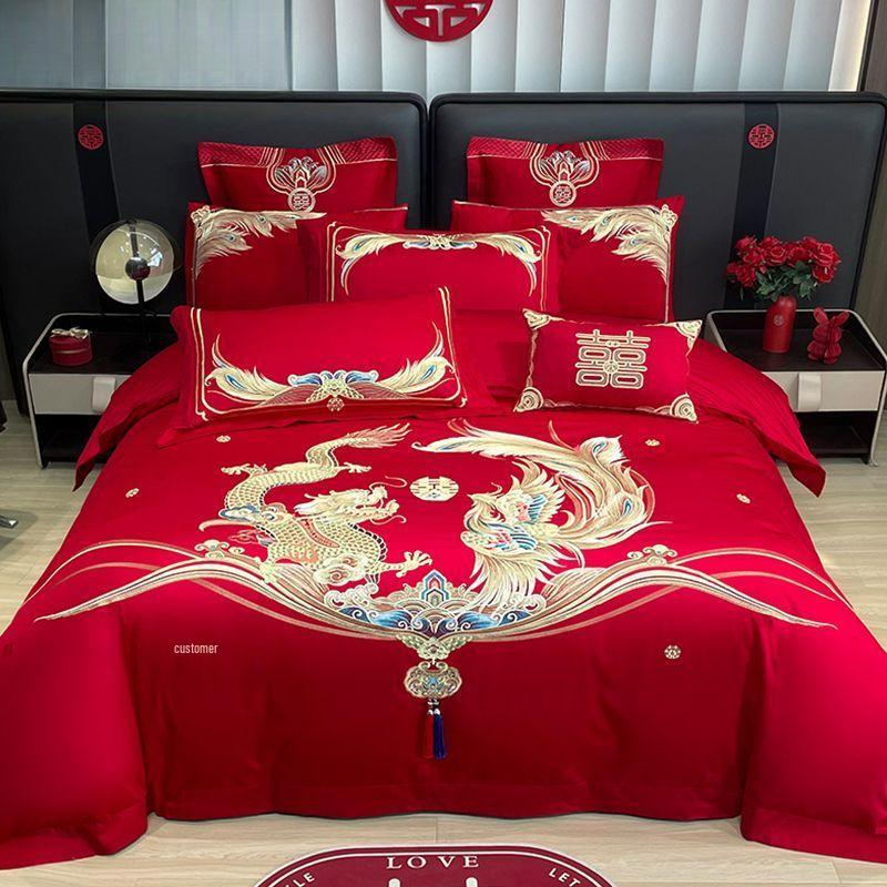 G5Z Κινεζικού Στυλ Κεντητό Κόκκινο Σετ Κλινοσκεπασμάτων Γάμου - Εορταστικό Τετραπλό Σετ με Παπλωματοκάλυμμα για Νιόπαντρα