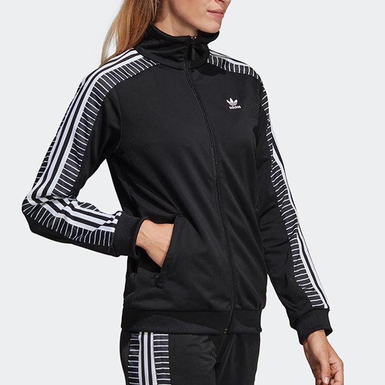 Adidas Originals Trefoil Logo Vintage Sports Print Casual Striped Jacket Women Jackets Black DU9879