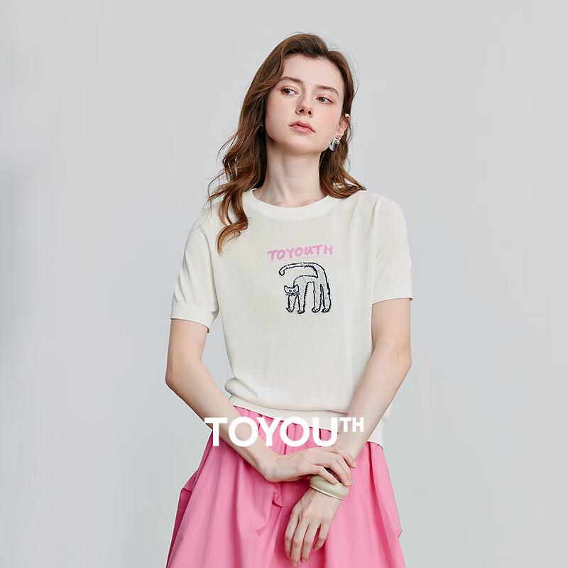 Chuyu 2025 Letní dámský top s krátkým rukávem s žakárovým vzorem písmene a kočky, imitace lnu