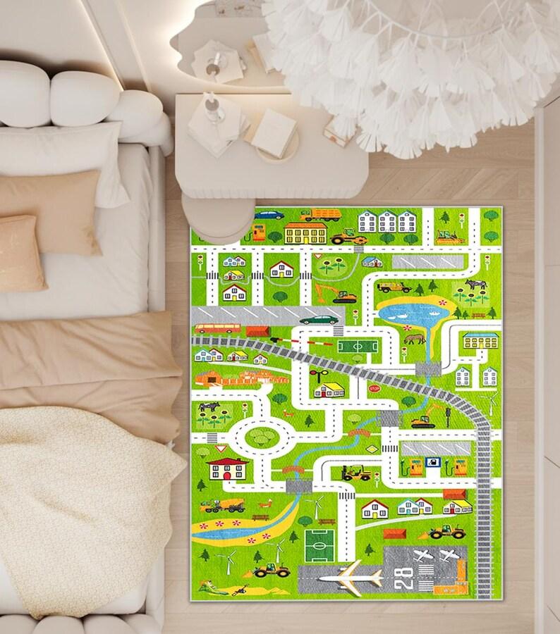 City Play Rug for Kids Car Track Carpet with Roads and Buildings Educational Traffic Map Mat, Boys Room Decor Baby Area Rug