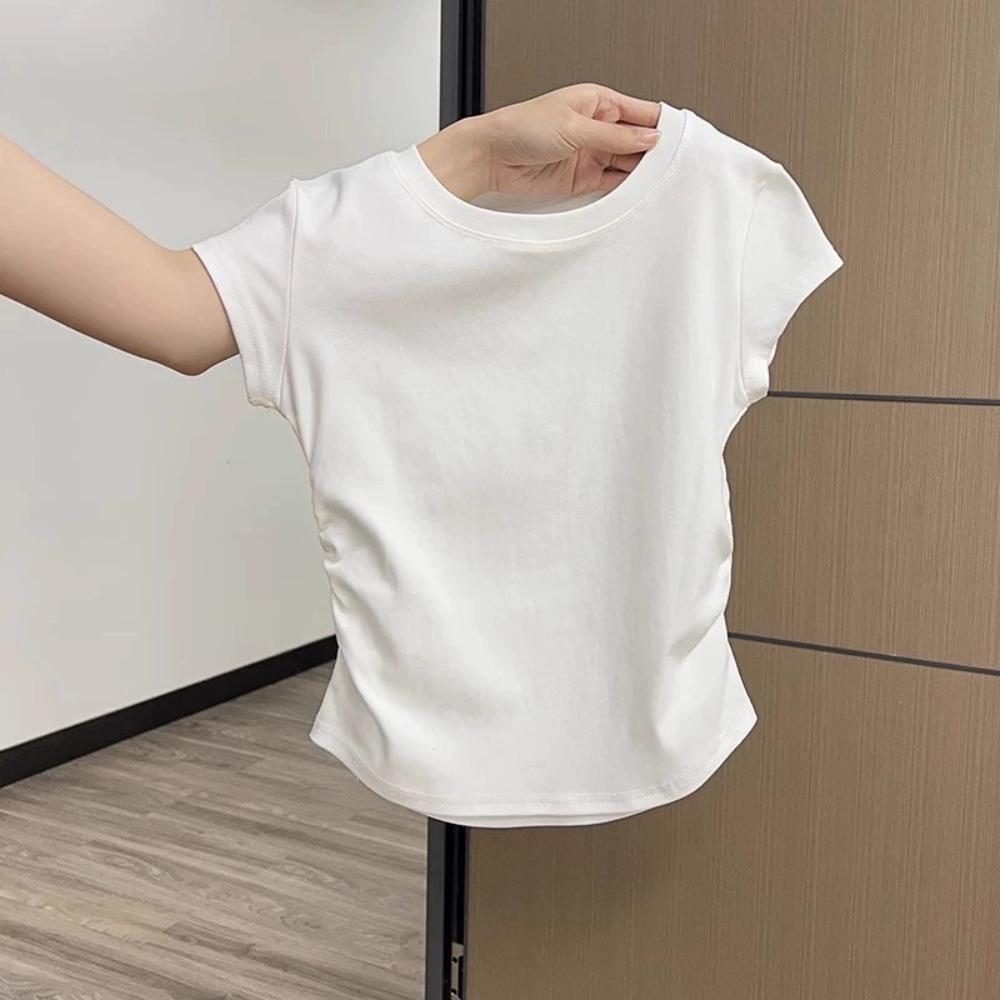 Navy Blue Shoulder Short Sleeved T-shirt for Women's Summer New Design, Pleated Waist Cinched Round Neck Slim Fit and Slimming Short Top