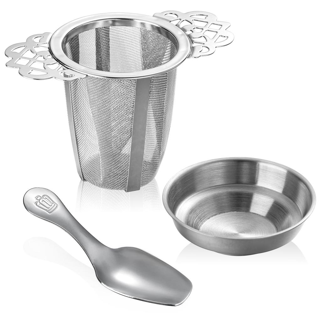 Stainless steel tea strainer with lid and teaspoon