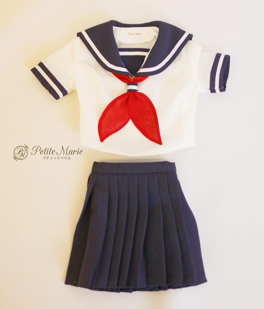 DD Compatible Cute High School Girl Sailor Uniform Short Sleeve White with Navy Skirt Summer Outfit Neat Pleated Skirt 60cm BJD Doll Clothes [Petite