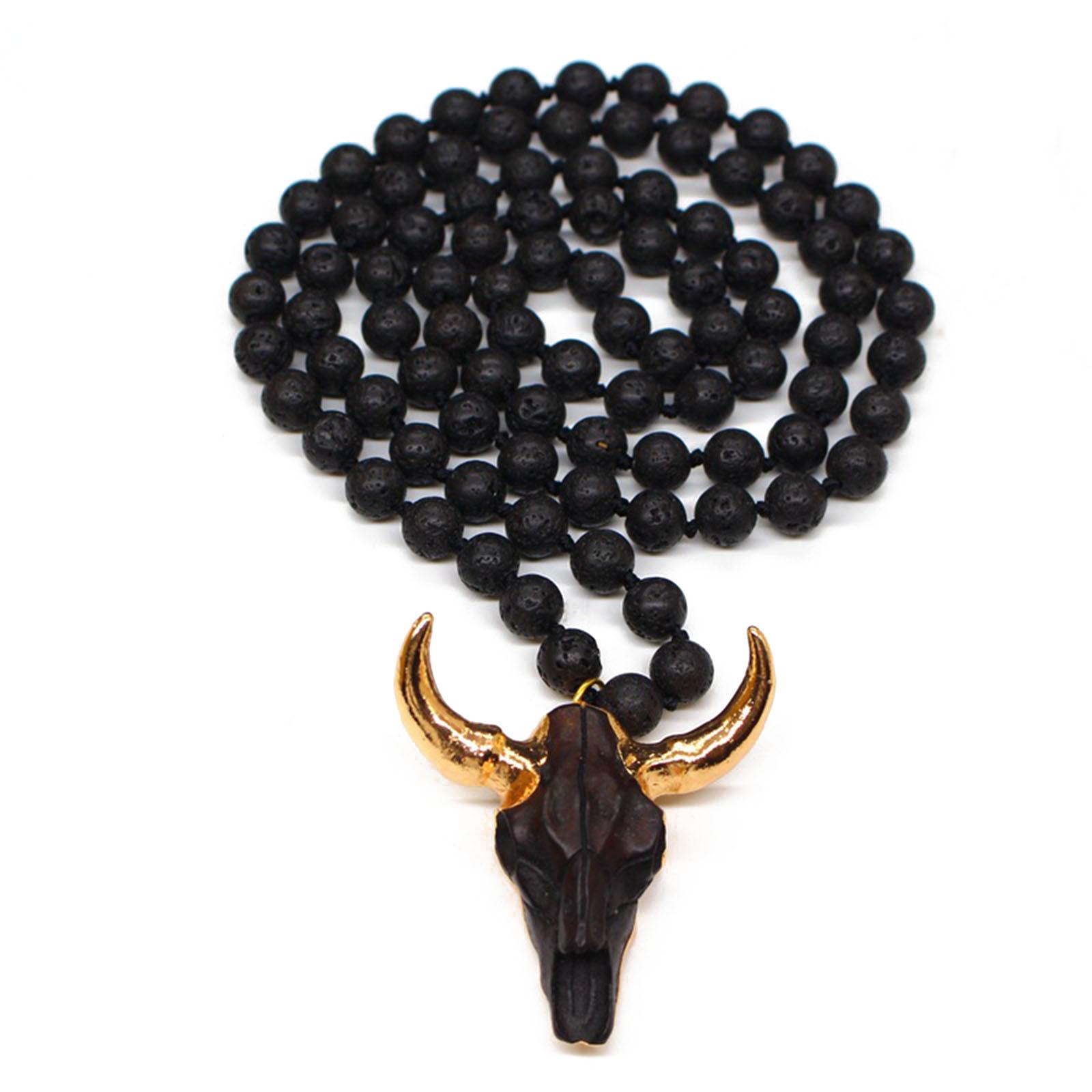 

Natural Stone Beaded Necklace Handmade Long Knotted Bohemian Neck Jewelry with Ox Horn Pendant Collar Chain 1