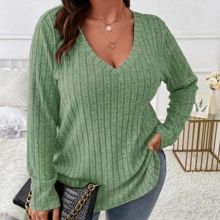 Women Plus Size Long Sleeve T-Shirt V Neck Striped Knitted Top Casual Loose Blouse Spring Solid Color Tops 5XL