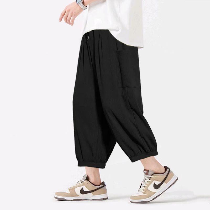 

Летние однотонные свободные мужские брюки до щиколотки Streetwear Мода Большой размер Мужская одежда Эластичный пояс Повседневные тонкие брюки с широкими штанинами XS чёрный