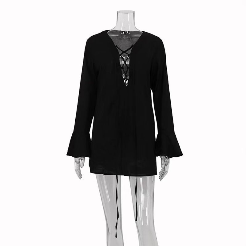 

Fashion Wind New Fashion Sexy V Neck Lace-up Long Sleeve Dress Sexy V-neck Tie up Dress Black M